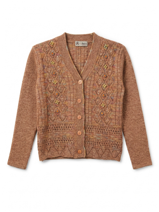 AEIRY Sweaters - AEIRY Vintage Knitted Tan Brown Cardigan Sweater Loose Fit Floral Beads, Sz S